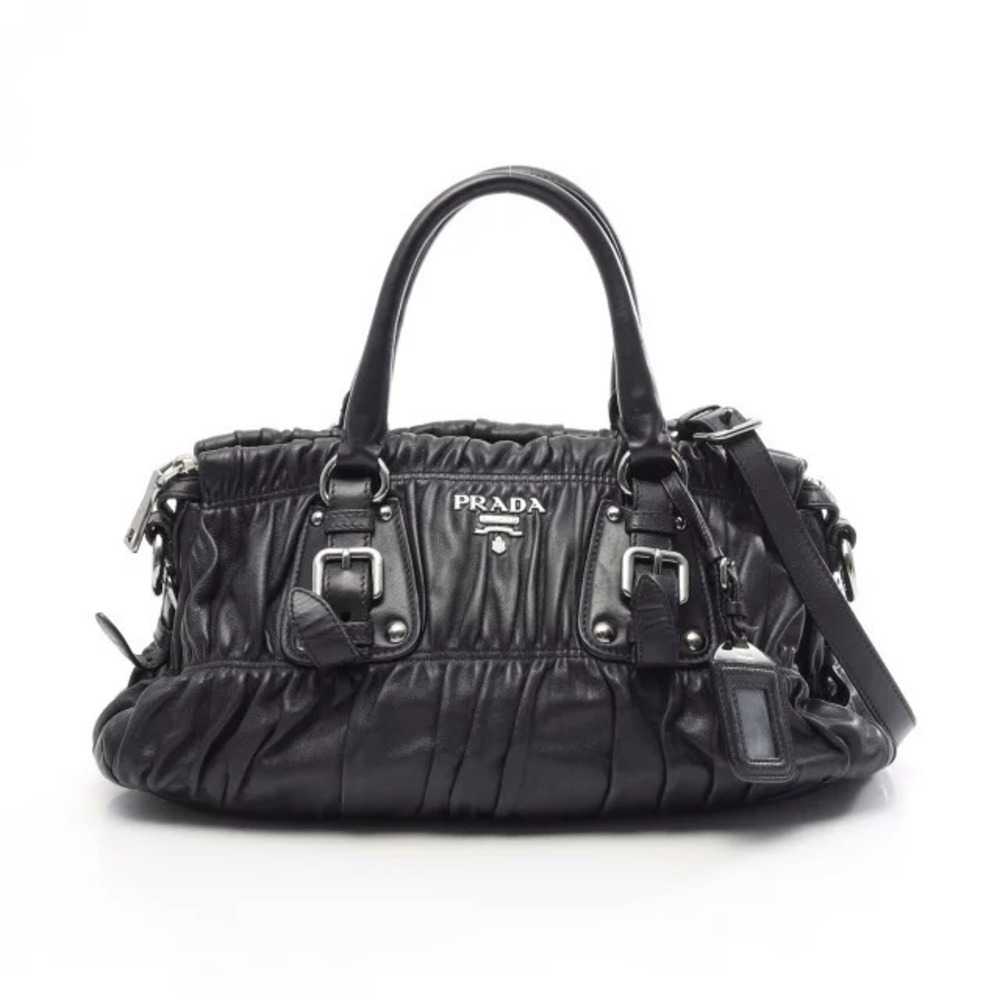 Prada Gathered Handbag Leather Navy Blue